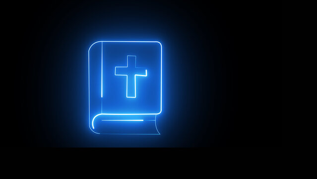 Glowing blue neon outline of a holy bible book with christian religion scripture spirituality christianity minimalist illustration