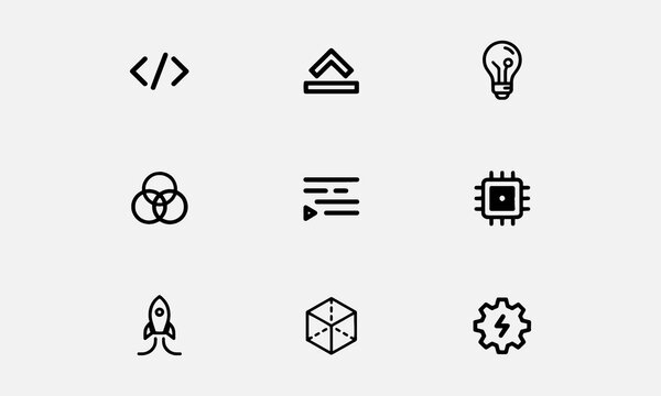 Hackathon icon set. Contain icons related to Containing Coding, Challenge, innovation, Collaboration, Development, Technology
