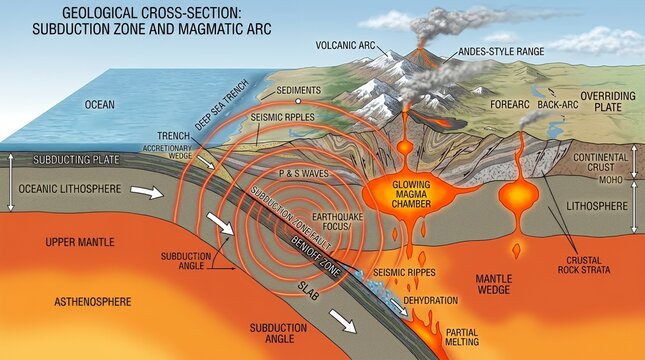 Geological diagram of subduction zone and volcano.