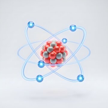 A detailed 3d render of a scientific atom model featuring a central nucleus surrounded by orbiting electrons on a white background