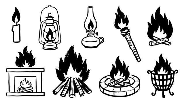 Hand drawn vector sketch set of fire and light sources including candle lantern torch campfire fireplace and fire pit icons
