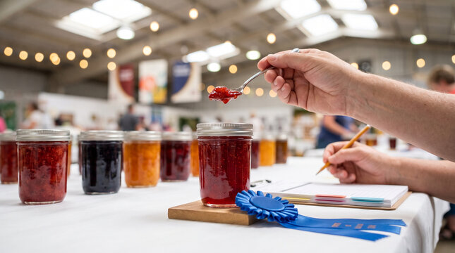 Person judging homemade jams while writing notes at a fair  