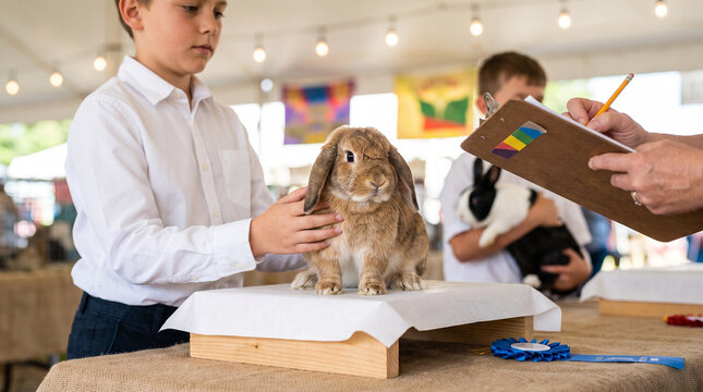 Young boy handling rabbit during pet show at outdoor fair  