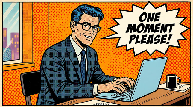 Professional Businessman Typing on a Laptop Computer with a Comic Speech Bubble Requesting Patience