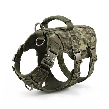 A tactical military style dog harness with camouflage pattern and heavy duty buckles isolated on a clean white studio background surface