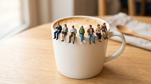 Miniature figurines sitting on coffee mug rim enjoying warm cappuccino in cozy cafe setting
