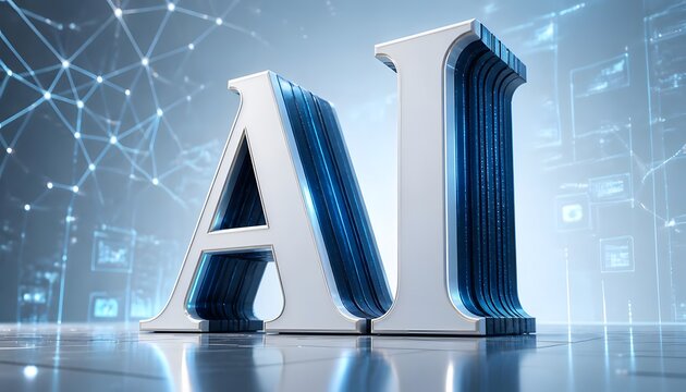 3D AI typography sculpture. Modern artificial intelligence text design with digital data.