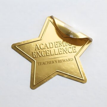 A shiny gold star shaped sticker with the text academic excellence printed on it isolated against a plain white background surface