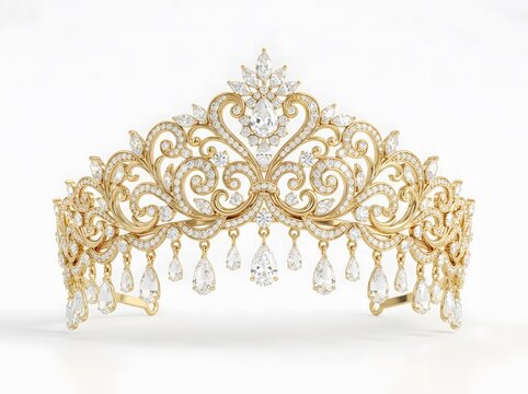 A magnificent gold tiara featuring intricate filigree metalwork and sparkling diamond accents isolated on a clean white background for wedding fashion