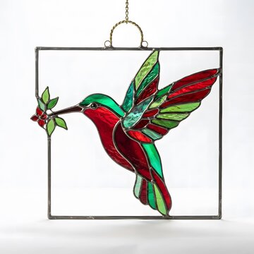 A beautiful handcrafted stained glass suncatcher featuring a colorful hummingbird in flight holding a small green leaf against a white background