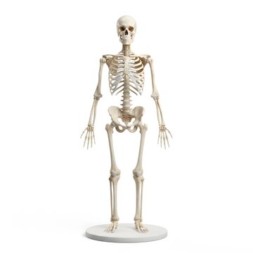 A full body human skeleton model standing on a white base isolated against a plain white background for medical education purposes