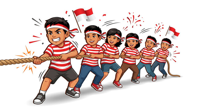 Indonesian children team pulling rope for traditional tug of war competition during independence day