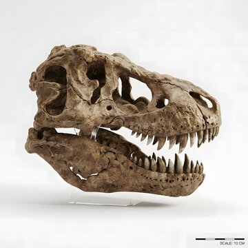 A detailed side view of a large tyrannosaurus rex dinosaur skull fossil isolated against a clean white studio background for display