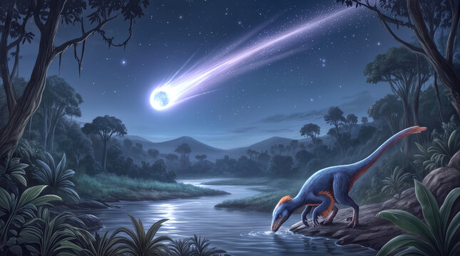 Dinosaur drinking from river during meteor impact event. Prehistoric landscape with comet streaking across starry night sky.