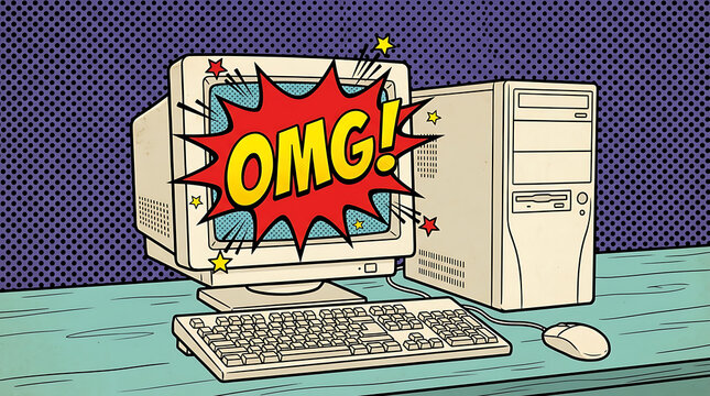 Pop art illustration of a vintage PC with speech bubble OMG expression on retro desktop setup