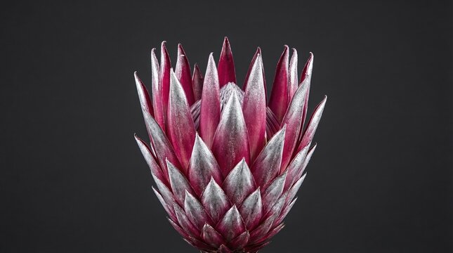 A king protea flower with petals painted in silver metallic paint against a dark gray background. Elegant and modern floral arrangement. Ideal for luxury branding or wall art.