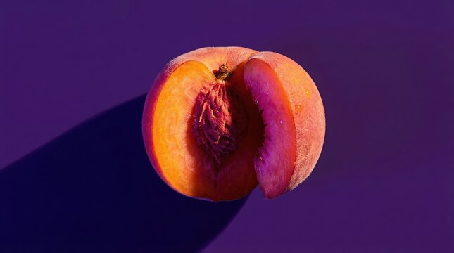 A fresh peach sliced open to reveal the stone pit. Vibrant colors and dramatic shadows create a modern artistic mood. Perfect for food blogs, healthy eating ads, or creative design projects.