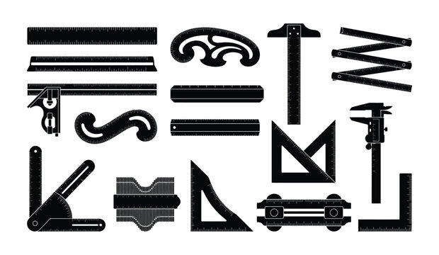 A comprehensive teachers day icon set featuring various black drafting and engineering measurement tools for educational projects