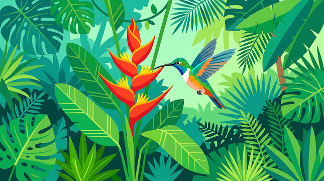 Colorful hummingbird drinking nectar from heliconia flower in tropical rainforest