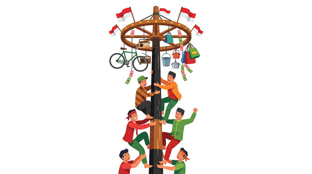 Indonesian men climbing greasy pole for traditional panjat pinang game during independence day