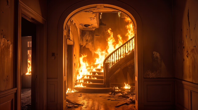Burning staircase in abandoned mansion hallway. Intense house fire destroying interior of residential property.