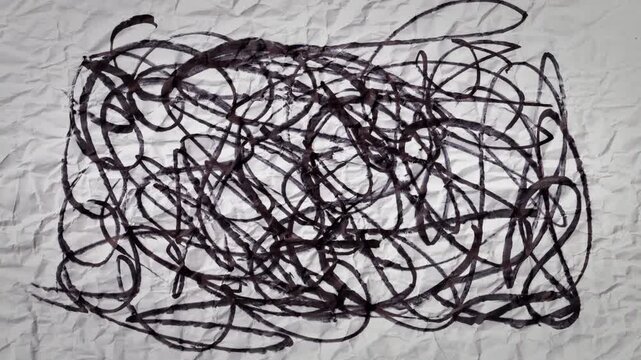 White paper with black marker doodles motion graphic backdrop. Seamless looping wrinkled grunge paper texture background.