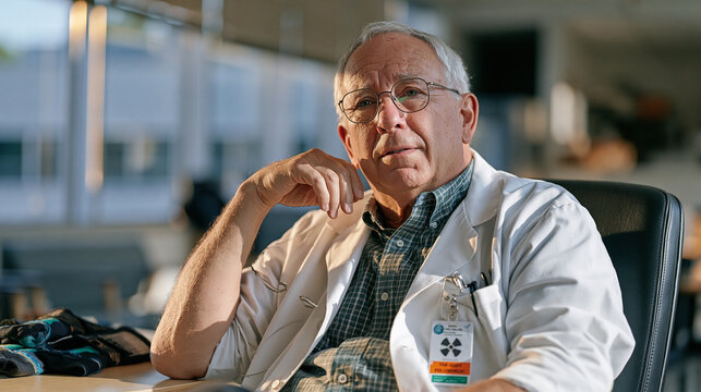 Senior nuclear engineer in a dosimeter badge and lab coat sits in a golden light break room beside compression recovery sleeves resting on the table, decades of expertise visible in the careful stil