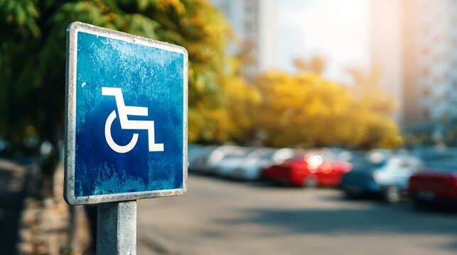 Blue handicapped parking sign with wheelchair icon in a blurred sunny parking lot