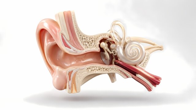 Cross section 3D model of human ear anatomy showing internal structure with auditory internal structure physiology healthcare clinical isolated