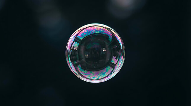 Single iridescent soap bubble floating on dark background with floating iridescent background reflection shimmering transparent abstract colorful delicate artistic gorgeous prismatic
