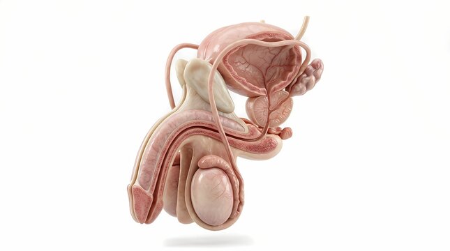 Detailed 3D medical illustration of male reproductive system anatomy including prostate and testicles on white background with reproductive, prostate