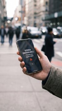 Hand holding smartphone displaying server unavailable error on busy city street. Concept of technical failure and connection issues. Suitable for technology and service outage content.
