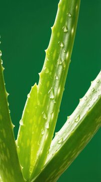 Close up of green aloe vera leaves covered in fresh water droplets. Represents natural skincare and organic health. Perfect for beauty, wellness, and pharmaceutical advertising.
