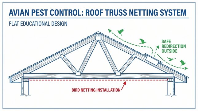 Diagram showing bird netting installation on a roof truss for avian pest control. Informative technical illustration demonstrating safe bird redirection. Educational construction materials.