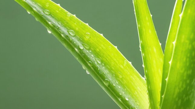 Close-up view of vibrant green aloe vera leaves covered in clear water droplets. Represents freshness, natural skincare, and organic beauty. Perfect for healthcare or cosmetic marketing.