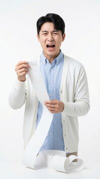 Asian man shouting in frustration while holding a long paper receipt. This depicts financial stress and shock from high expenses. Use for articles about personal finance or debt management.