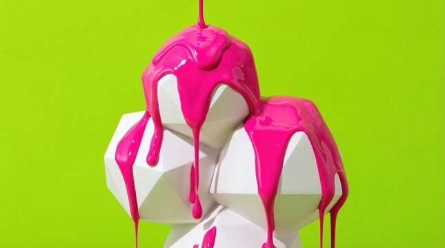 Bright pink thick paint drips over white icosahedron shapes against a neon green background. Bold pop art aesthetic with high contrast colors. Creative design for modern art projects.