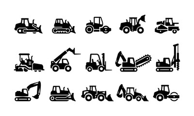 Black silhouettes of various heavy construction equipment vehicles on white background © TanjinaAkter