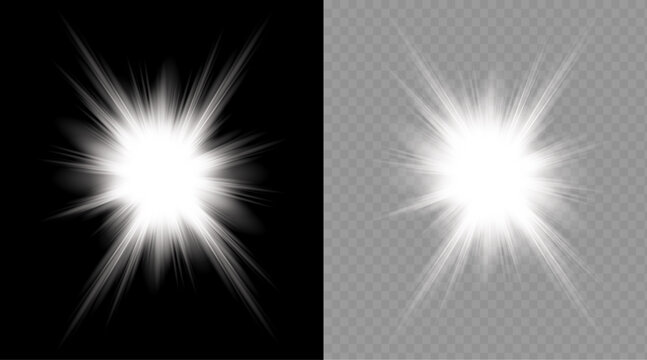 Bright white star burst light effect isolated on black and transparent backgrounds for graphic design and digital art projects