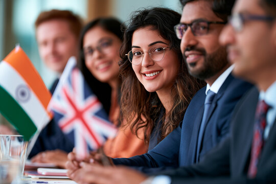 Business meeting with Indian and British flags