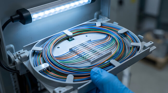 Bright led illuminated fiber optic cable management tray held by bluegloved hand. Perfect for tech, network, it, or communication concepts.