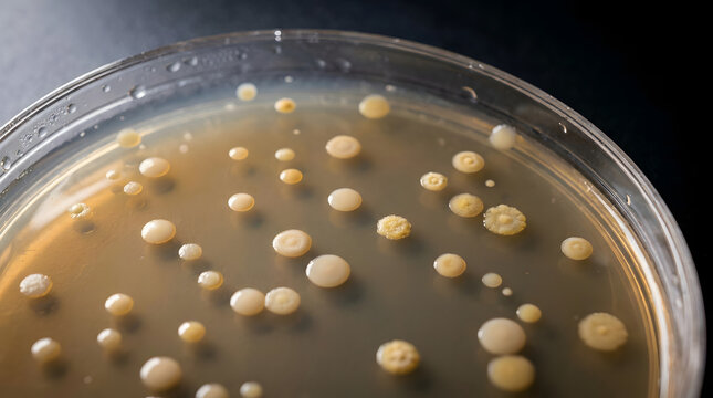 Bacterial colonies in a laboratory petri dish with agar nutrient culture medium suitable for microbiology experimentation and research projects. Yellow circular growth.
