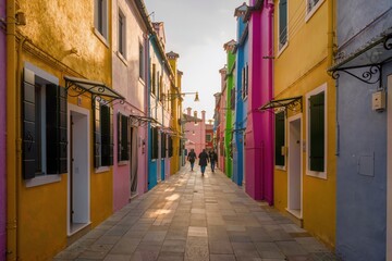 Fototapeta premium Rue étroite bordée de façades multicolores, architecture traditionnelle colorée, destination touristique pittoresque et ambiance méditerranéenne ensoleillée