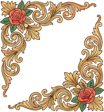 Vintage ornate baroque corner frame border set with golden acanthus scrolls and pink rose flowers, elegant vector illustration for wedding invitations