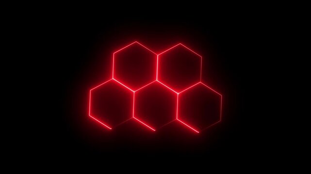 Futuristic red neon hexagon network animation on black background.