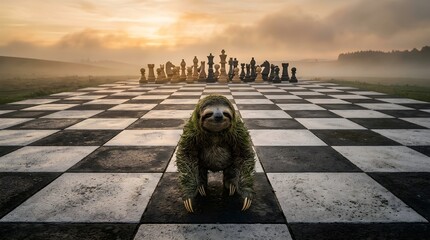 Obraz premium Smiling Sloth Facing a Giant Chessboard at Misty Sunrise