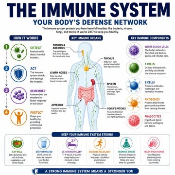 Human Immune System Defense Network Educational Infographic with Anatomy and Wellness Tips