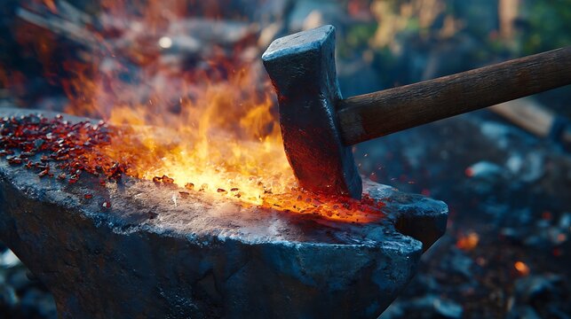 Heavy hammer striking glowing red-hot metal on an anvil with intense heat and sparks