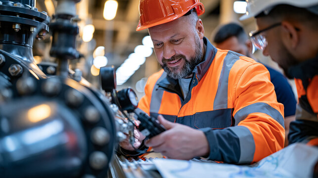 Veteran hydrologist standing beside industrial water treatment pipework examines flow meter readings at dusk as younger team members study drainage maps spread across a corrugated metal workbench in