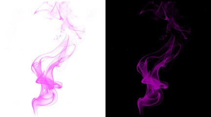 Obraz premium Purple smoke plumes on black and white backgrounds, ethereal magenta vapor swirls, abstract violet steam trails for creative design overlays